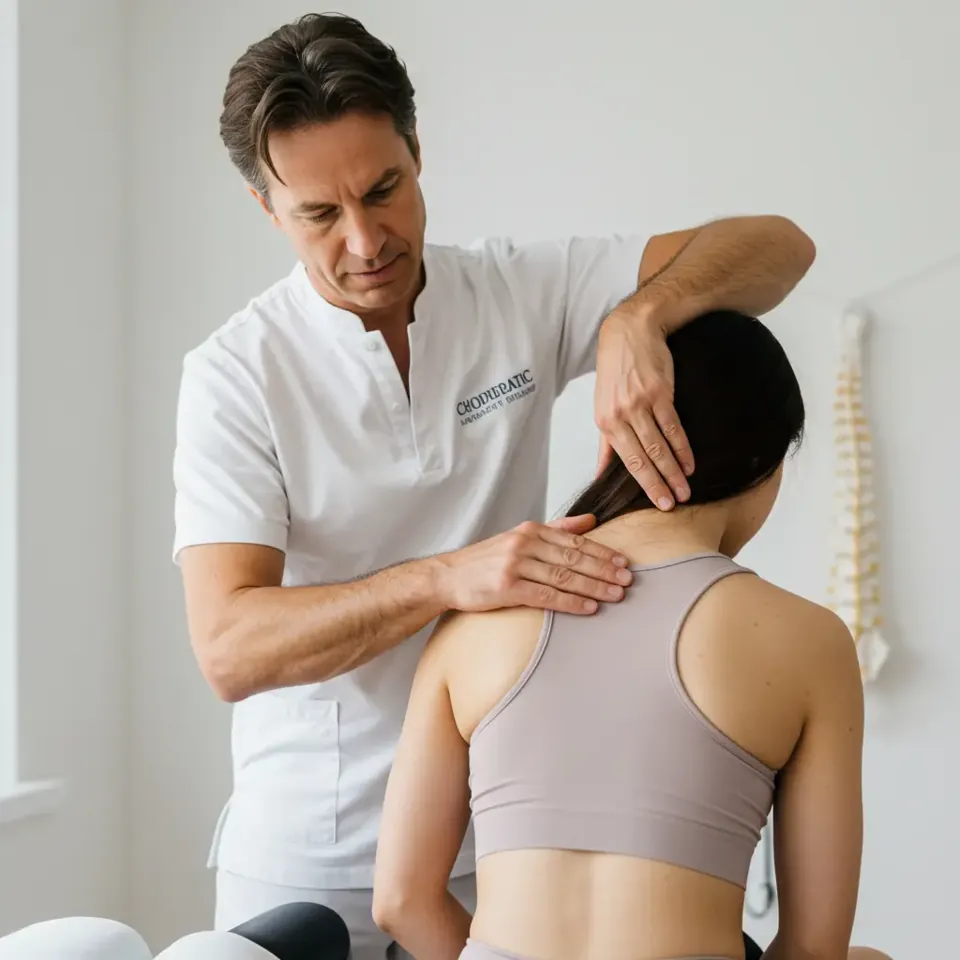 Chiropractor checking the neck of a seated patient