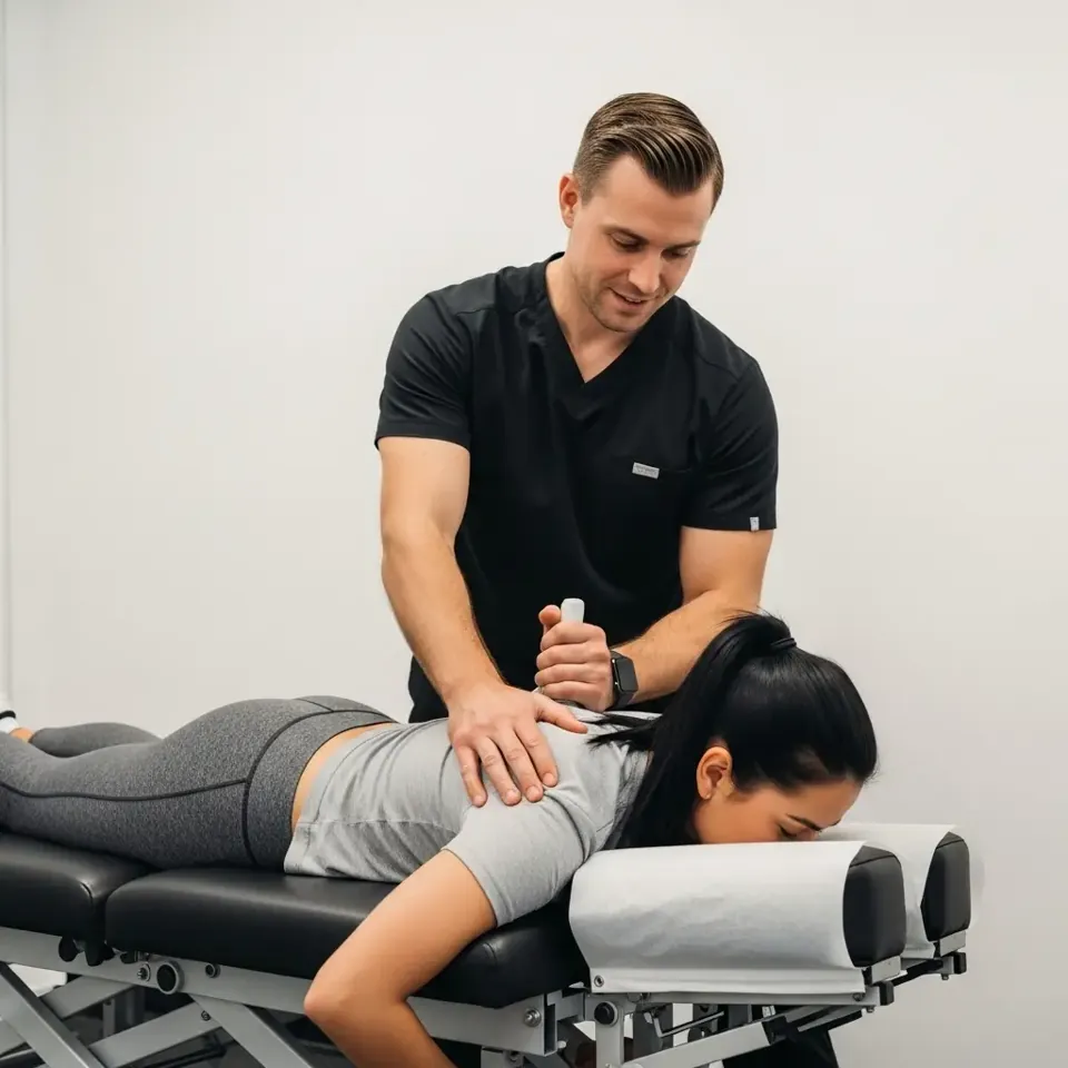 Clinician treating the lower back of a patient lying face down