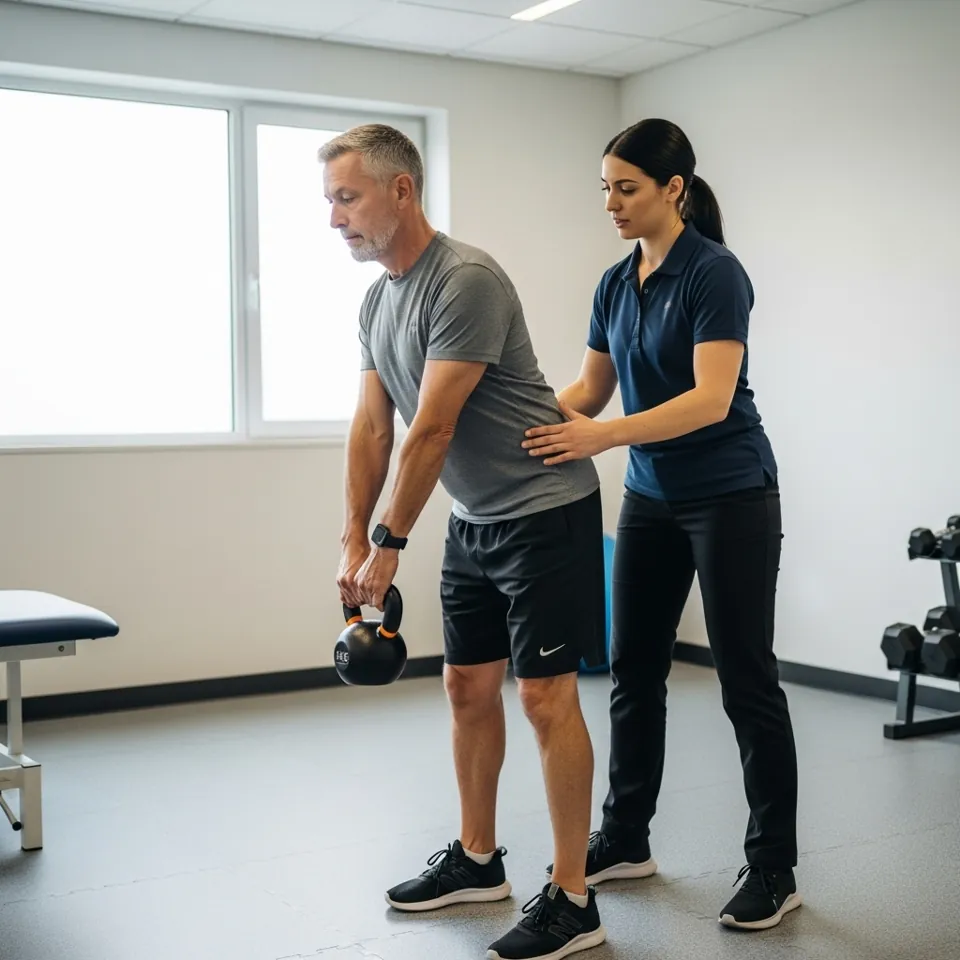 Clinician observing a patient lifting a weight during a functional abilities evaluation