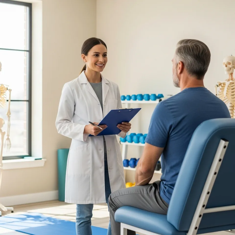 Clinician with a clipboard assessing a seated patient