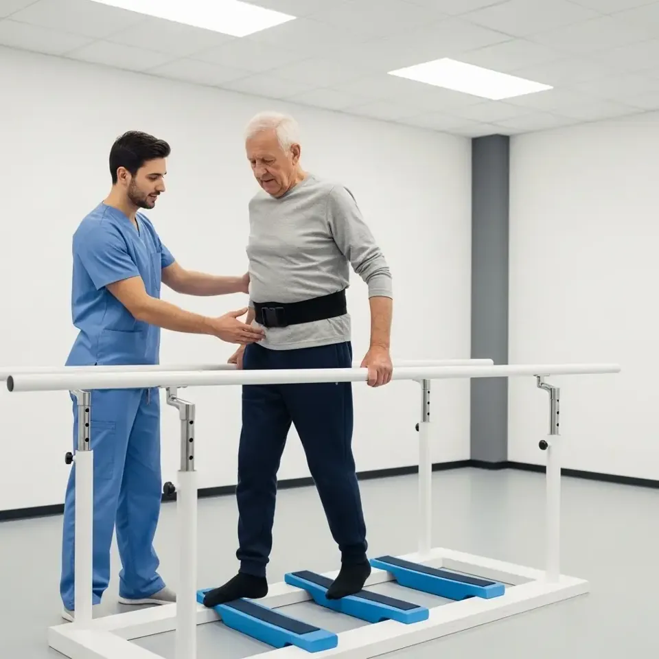 Clinician supporting an older patient walking between parallel bars