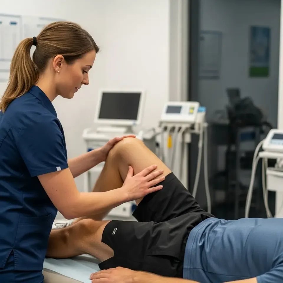 Clinician examining a patient's knee during an orthopedic assessment
