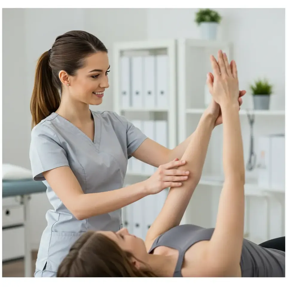 Clinician lifting a patient's arm to check shoulder movement
