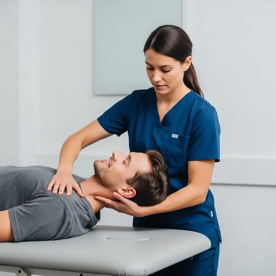Clinician gently supporting the head and neck of a patient lying on a treatment table