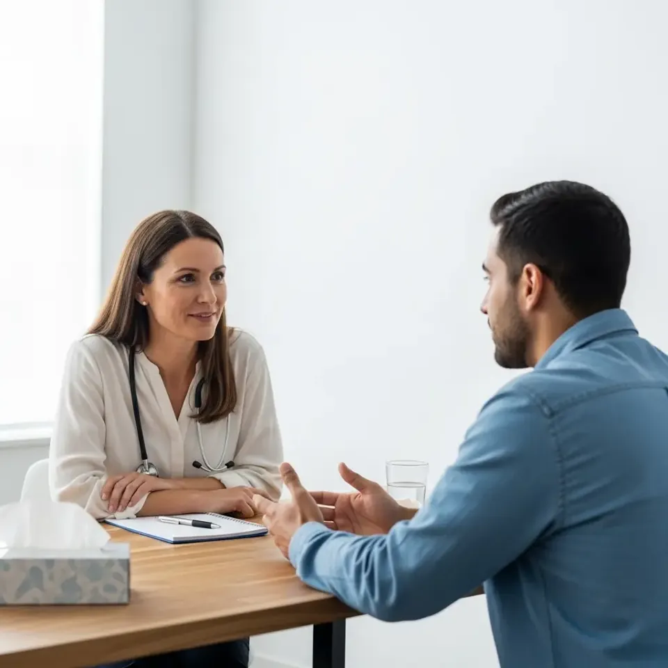 Clinician and patient talking during an assessment appointment