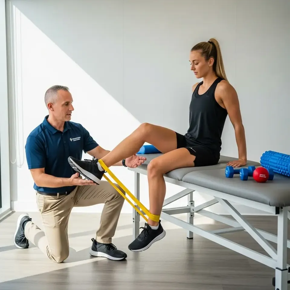 Clinician guiding a patient through a resistance-band knee exercise